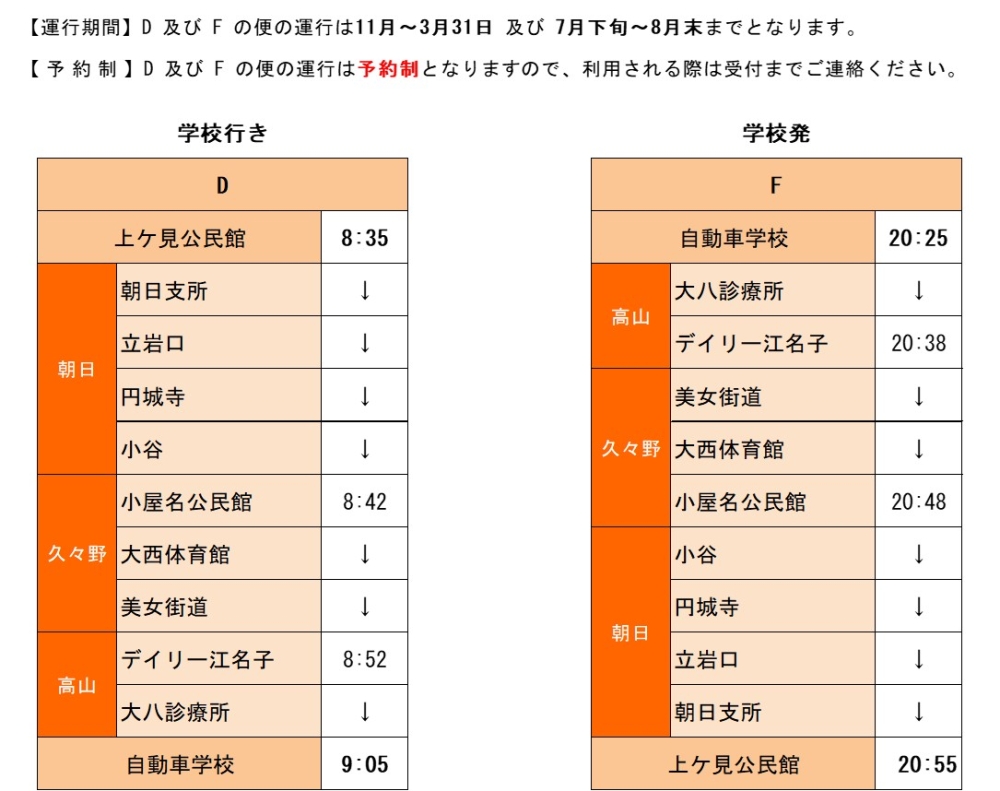 朝日・久々野線時刻表